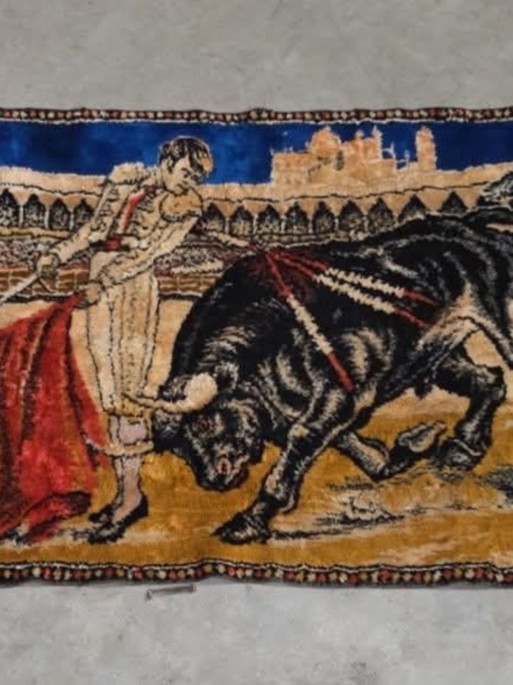 Vintage-Style Bullfighting Wall Tapestry in Black, Red, Blue and Gold